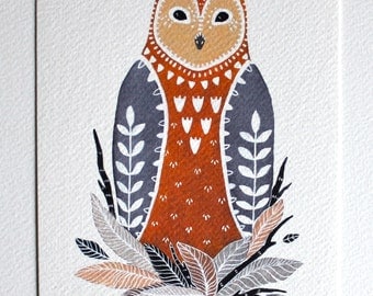 Owl Illustration Art Painting - Little Owl Paz - Archival Print 8x10