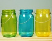 Set of Three Tinted Glass Mason Jar Lanterns, Summer Colors of Grass Green, Bright Yellow, Swimming Pool Blue