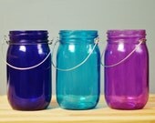 Trio of Tinted Glass Mason Jar Lanterns, Cool Jewel Tones from Deep Cobalt  to Amethyst