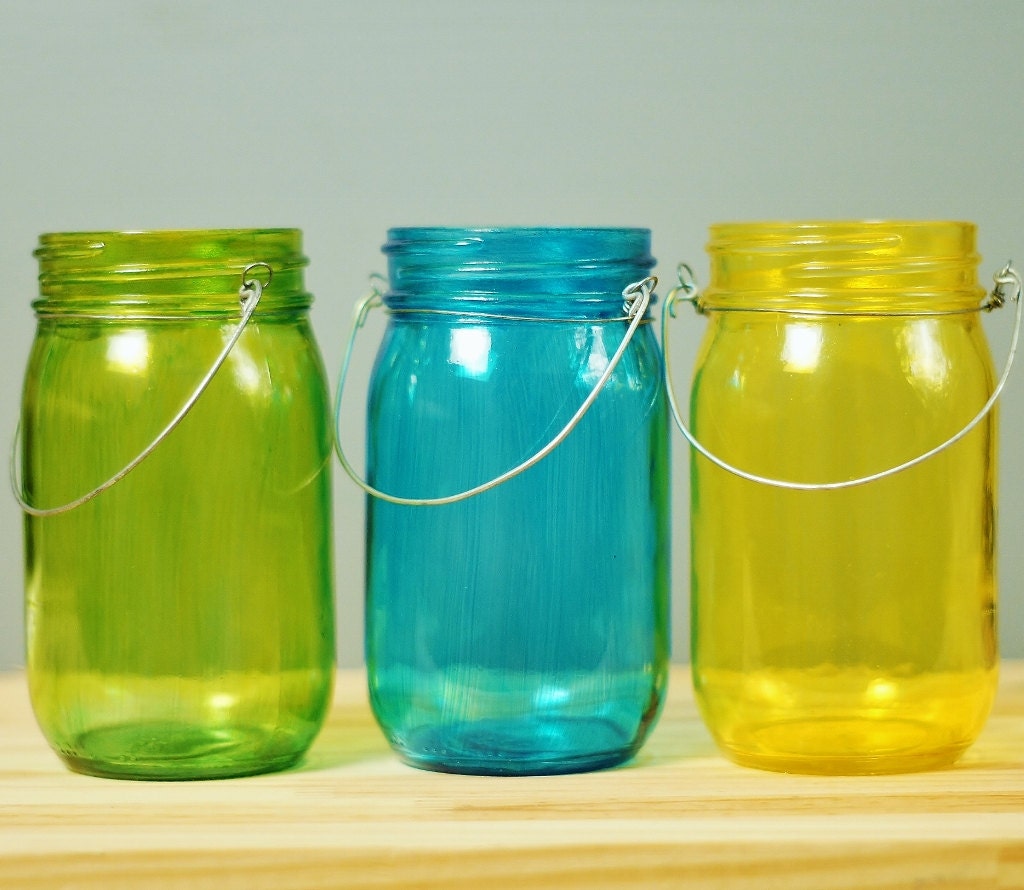 Set of Three Tinted Glass Mason Jar Lanterns, Summer Colors of Grass Green, Bright Yellow, Swimming Pool Blue