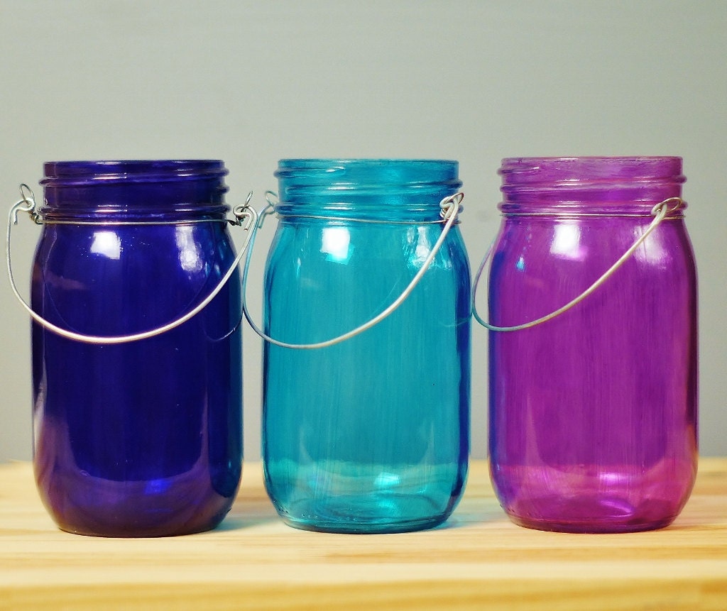 Trio of Tinted Glass Mason Jar Lanterns, Cool Jewel Tones from Deep Cobalt to Amethyst