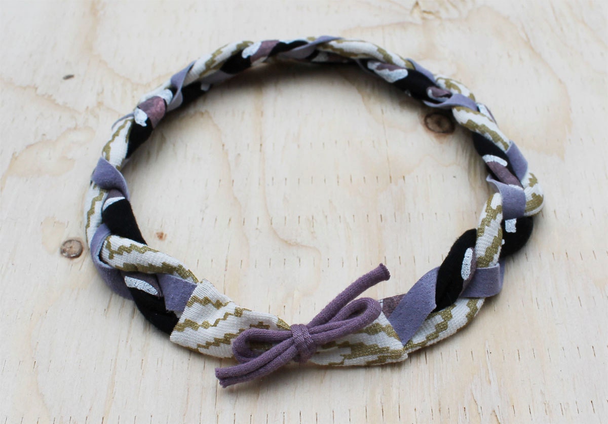Hand Printed Braided Headband in Black, Gold and Purple