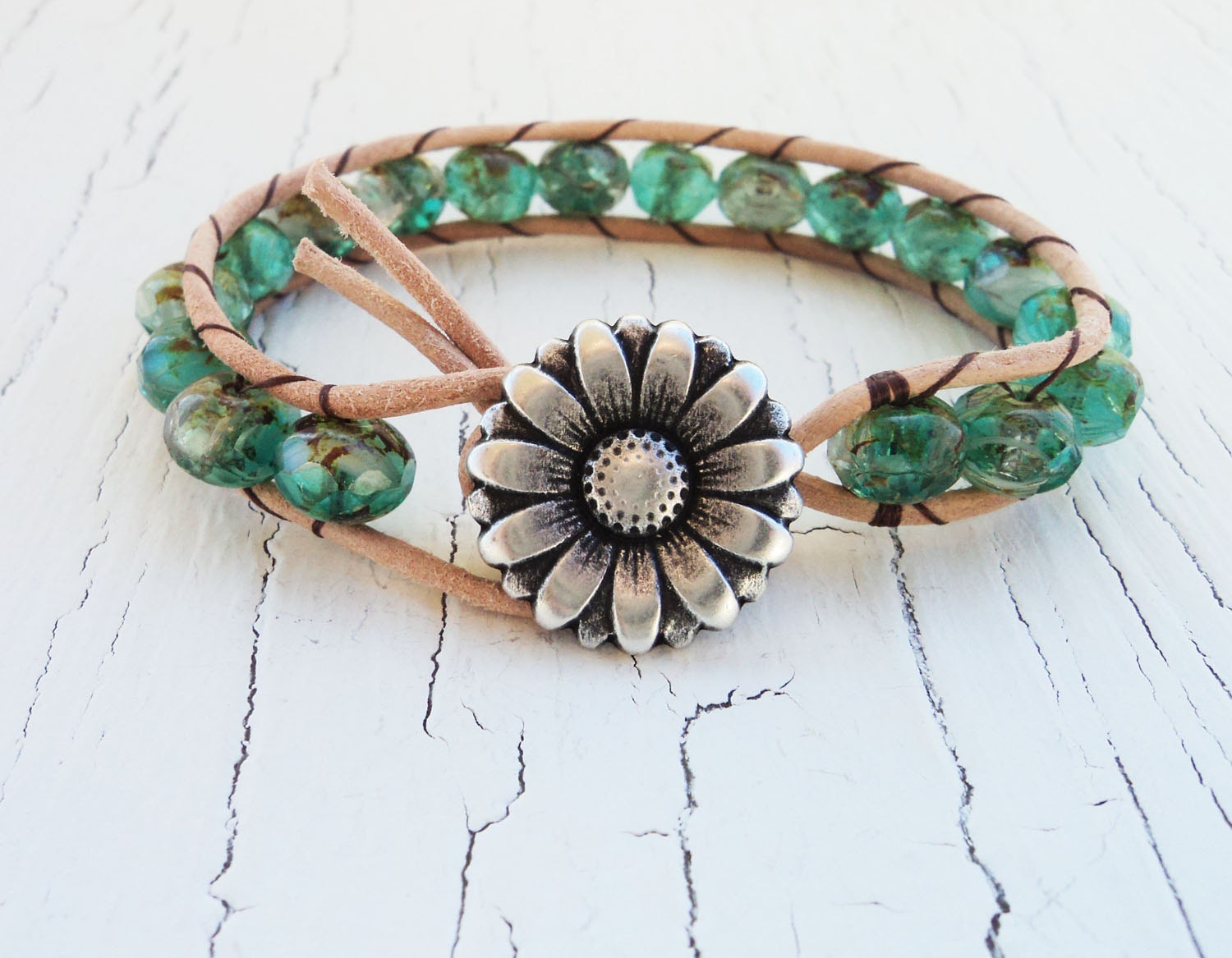 Seafoam Leather Wrap Bracelet, Sea Foam Green and Aqua, Daisy Bracelet, Boho Bohemian Bracelet, Beach Jewelry, Sufer Girl Chic