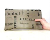 30% SALE Faux Leather Clutch, Camel Handbag, Beige Make up Bag, Cosmetic Bag, Cosmetic Pouch, with city names