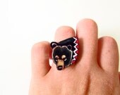 Black Bear Ring / Chevron Ring / Black and Vermilion /  Chevron Ring / Woodland Animal / Shrink Plastic / Wearable Art