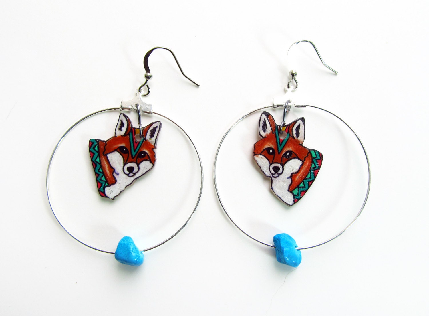 Fox Earrings  / Chevron Earrings / Hoop Earrings / Orange and Turquoise / Woodland / ZigZag / Plastic Jewelry / Wearable Art