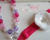 Pink Chunky Bead Necklace & Headband Set - Toddler Girls - Ready to Ship - with Hot Pink Lace White Handmade Flowers