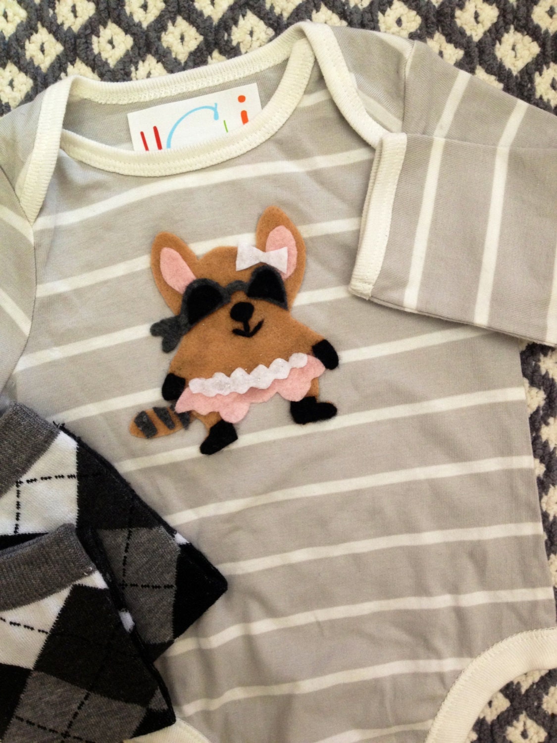 Rhonda Raccoon ballerina onesie with leg warmers felt appliqué 