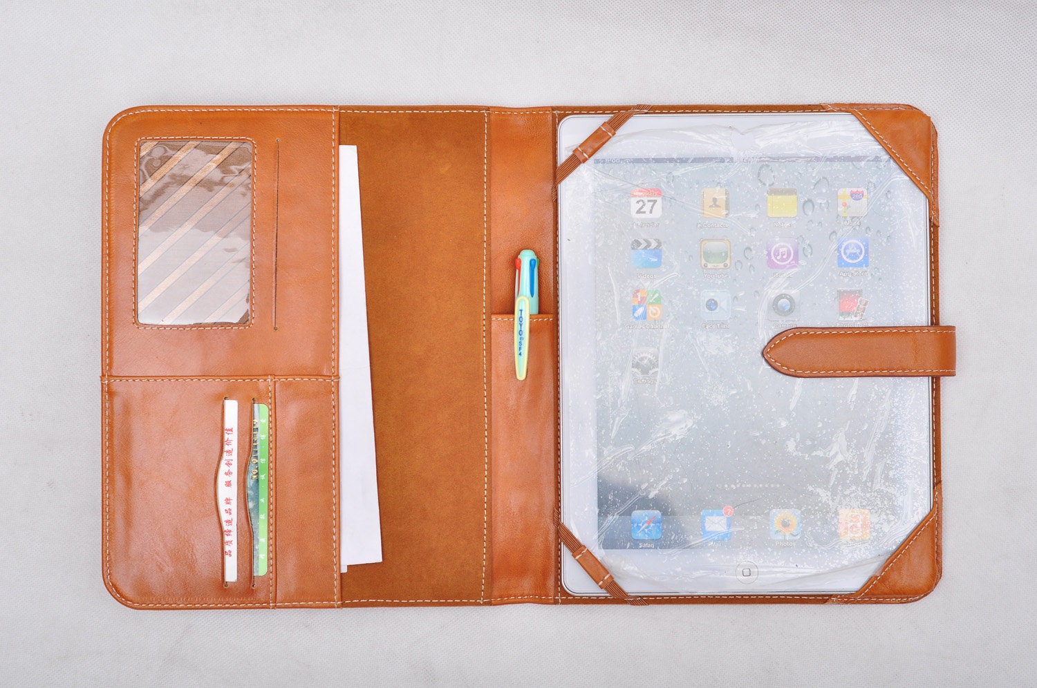 Item No.:4001 Simple top-level genuine leather portfolio & iPad case with belt for iPad1,iPad2,iPad3 and Tablet PC in waxed Brown