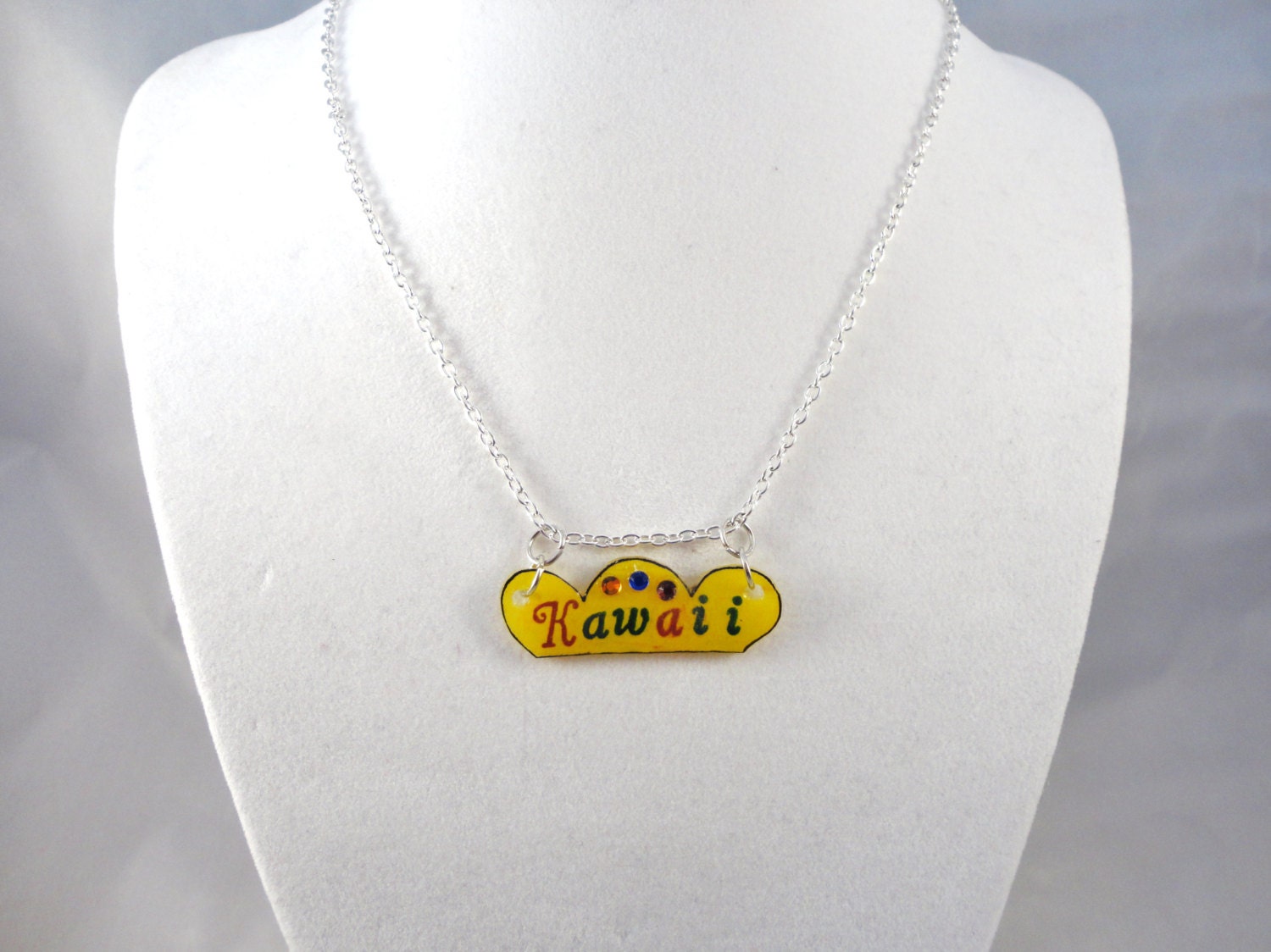 KAWAII crown necklace with rhinestones (crystals, kawaii, alice, princess, hime, lolita, cosplay, cute, rainbow, plastic, shrinky dinks)