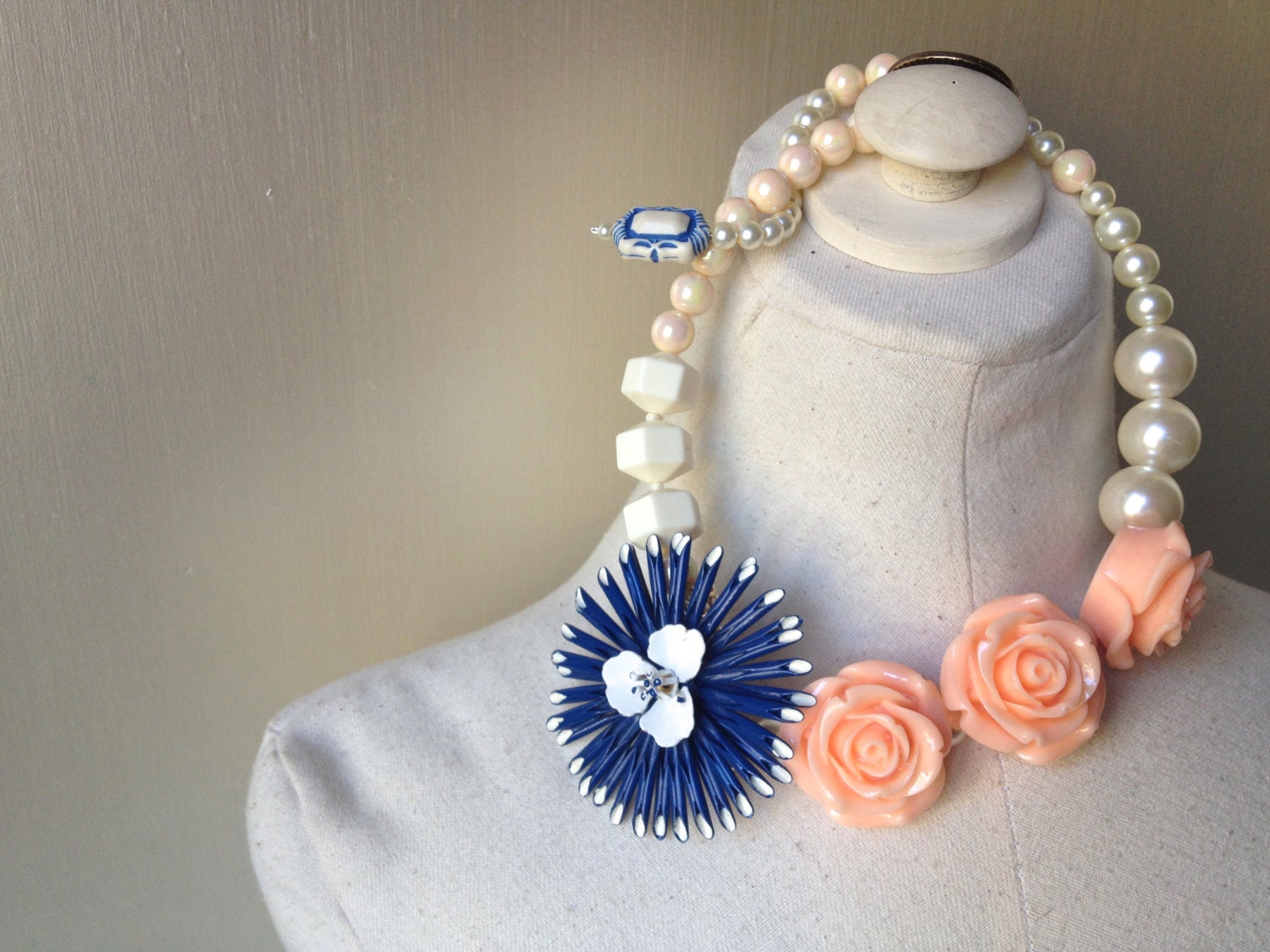 Mothers Day SPRING Wedding Flower Brooch Polka Dot Statement Necklace in Blue, Peach, Cream & White Jewelry by ZILLAS QUEEN
