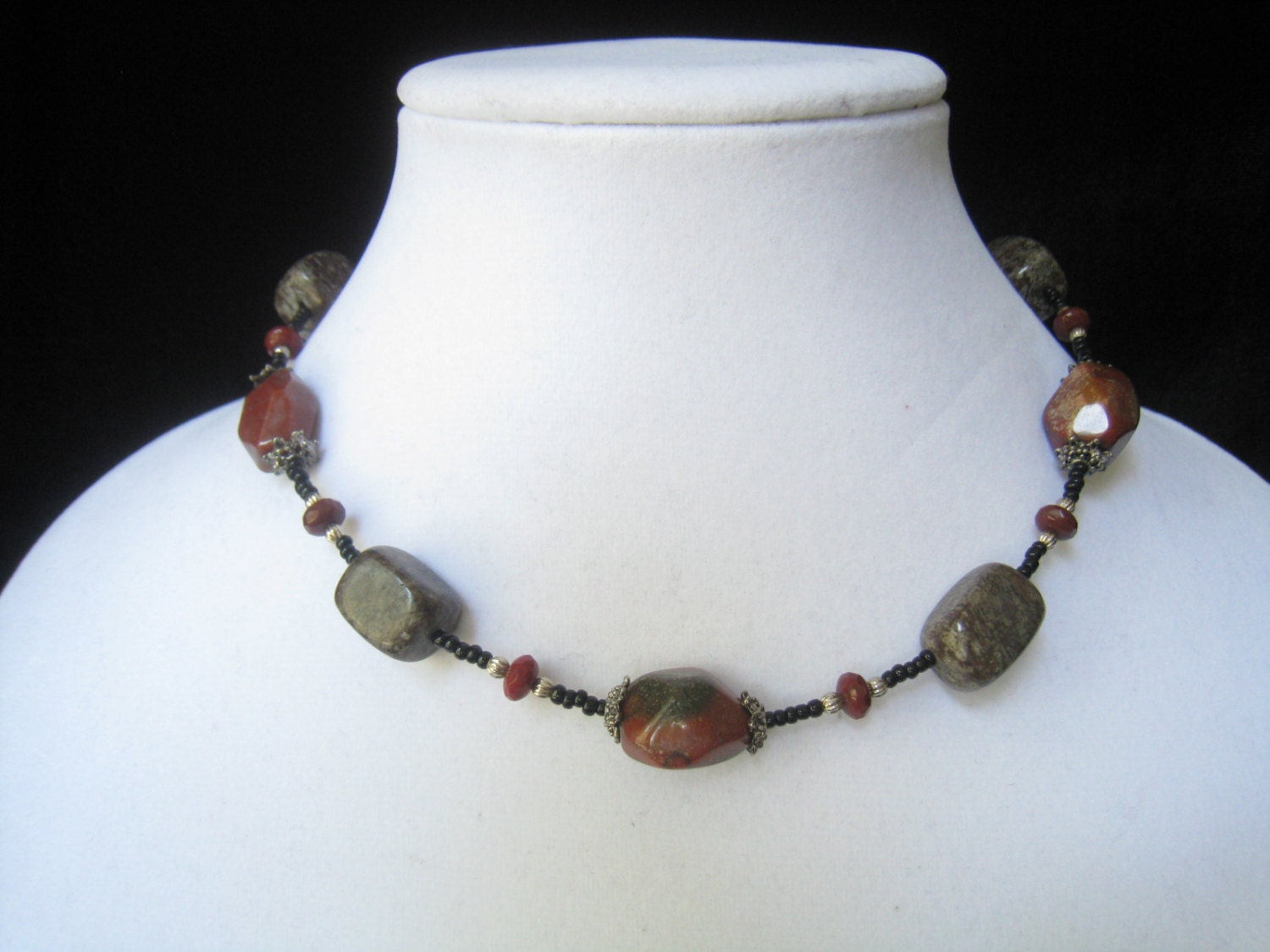 SALE OOAK Assembled Stone & Bead Necklace has Mookaite, Some Jaspers, a Carnelian drop, and Black Seed Beads by Creative Capers