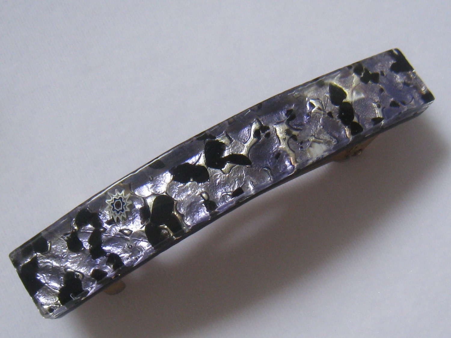 SALE Vtg. Murano Glass  Barrette in Iridescent Shades of Lavender and Silver with Black.  Jewelry for the Hair.