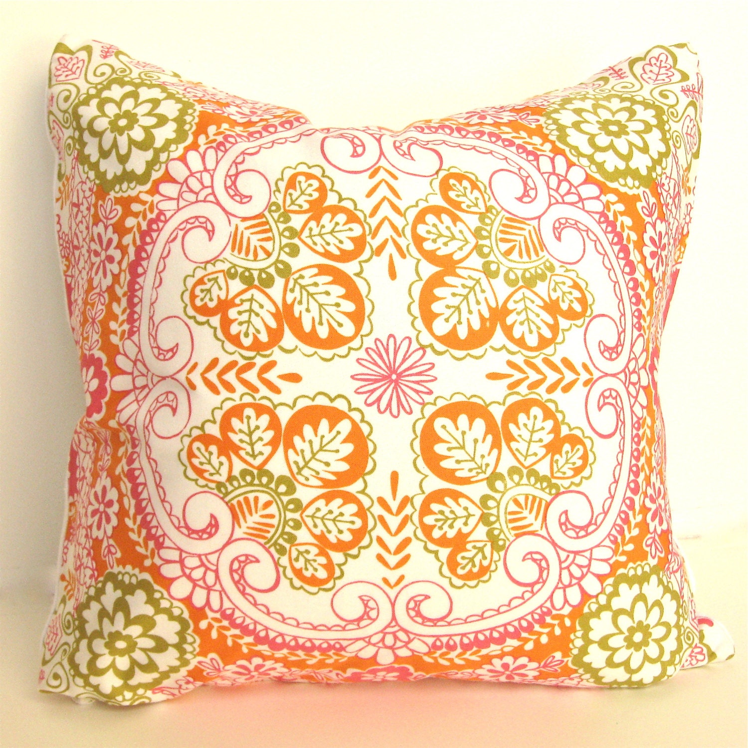 Decorative Throw Pillow - Bohemian Garden  - 16" x 16' - Green Orange Pink - StephieBondBoutique