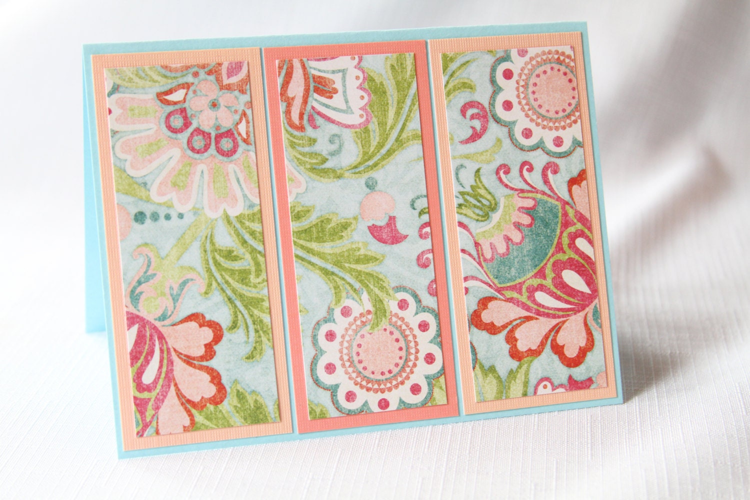 OOAK Blank Card, Birthday, Shower, Handmade, Coral, Peach, Pink, Blue, Green Flowers