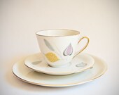 Vintage Saucer, Cup, Plate Trio. Bregentved, 1950s, Pastel leaf motif, Nissen Denmark Danish Design