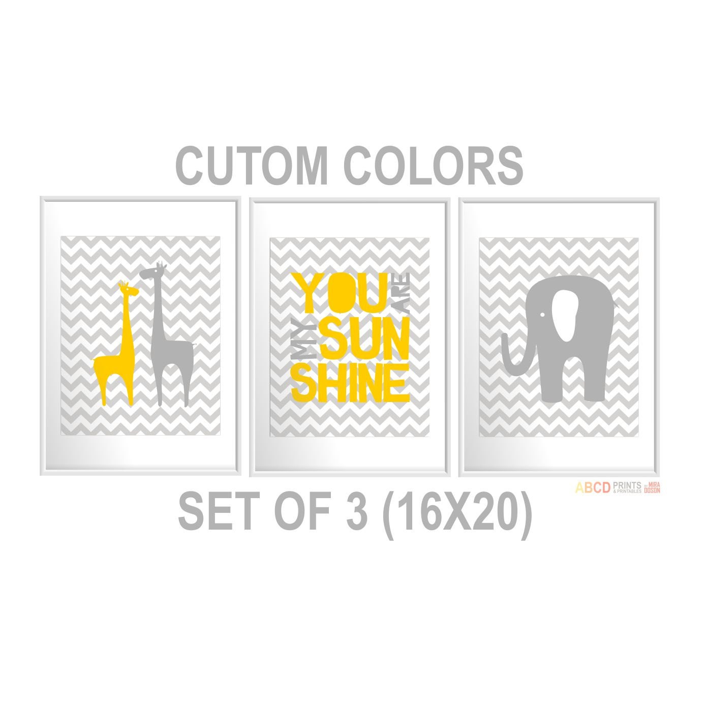 Nursery wall art prints "You are my Sunshine", Giraffe, Elephant. Set of 3 16X20 CUSTOM COLORS