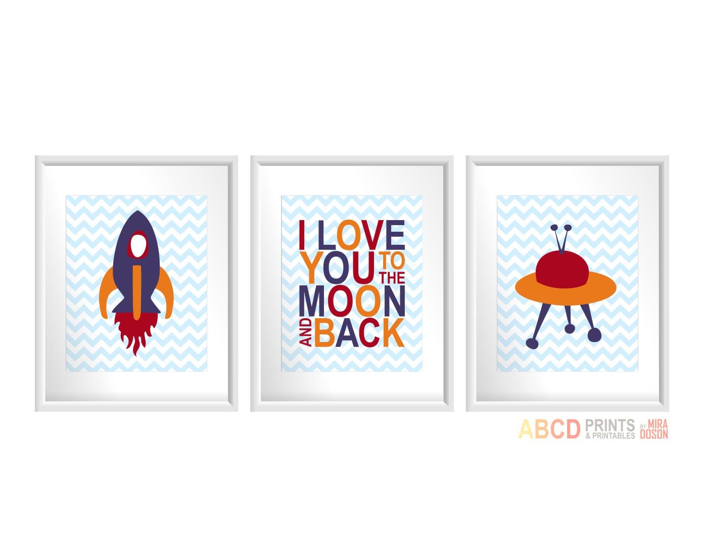 Outer Space Art Print Set "I love you to the moon",  Set of 3 8x10