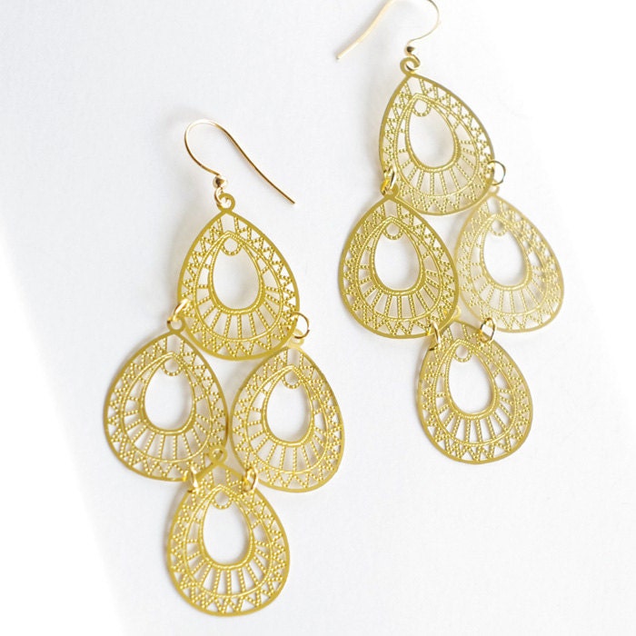 Anthropologie inspired Earrings with gold plated filigree drop, statement earrings