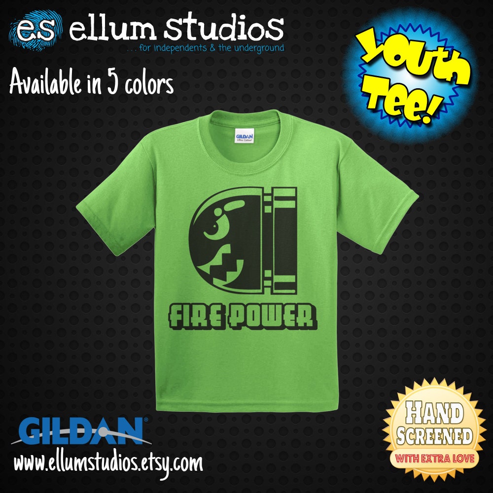 Youth Size, Bullet Bill Fire Power, Screen Printed Tee. Printed With Eco Friendly Water-Based Ink.