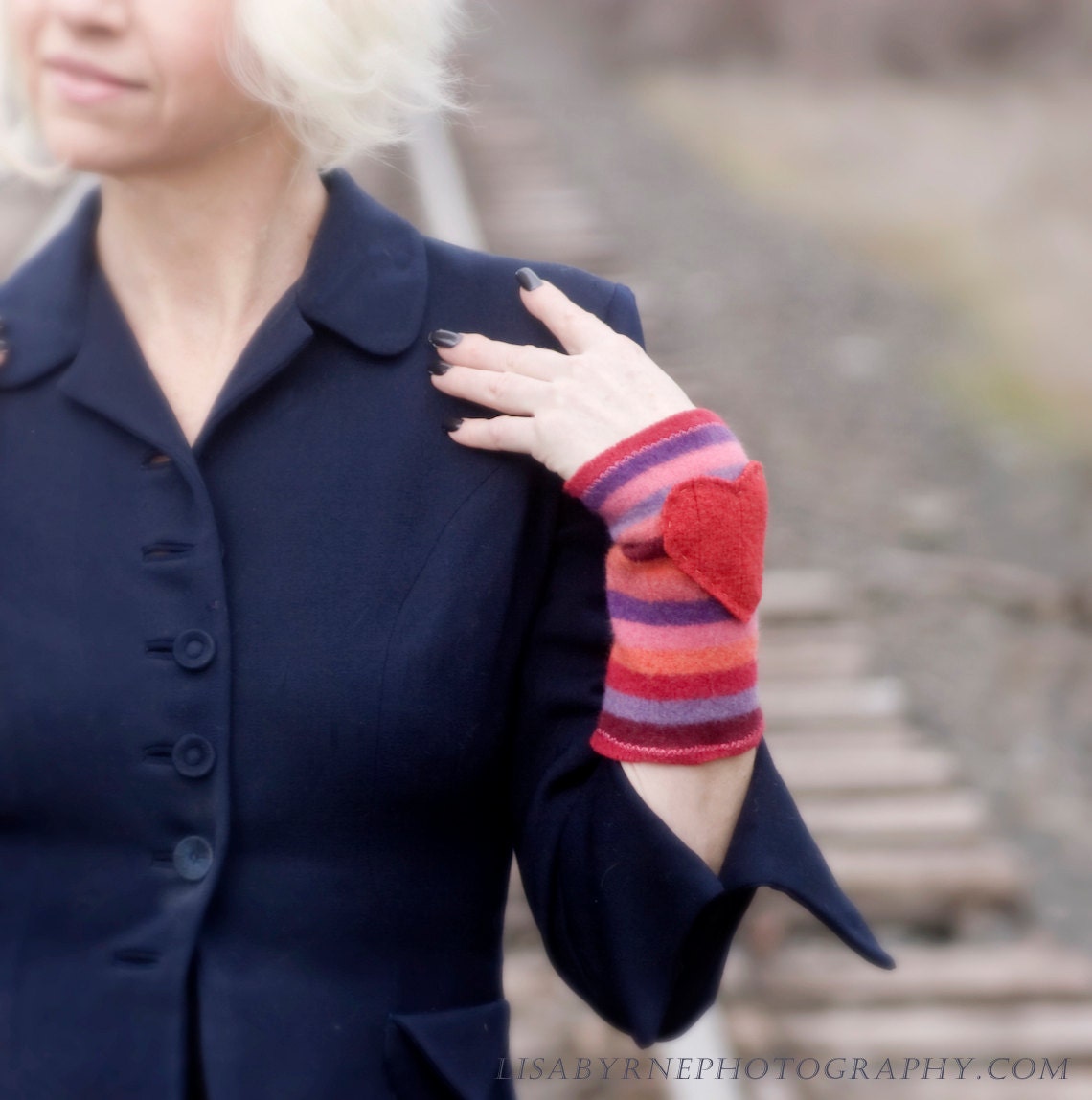 Be My Sweetheart: Heart adorned felted wool arm/wrist warmers, fingerless gloves, up-cycled, handmade