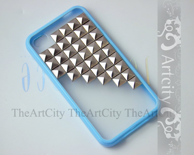 Studded Iphone Case Silver pyramid studs Blue IPHONE 4/4S Case----for Apple iPhone 4 Case, iPhone 4s Case, iPhone 4 Hard Case
