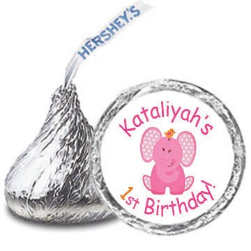 216 Personalized PINK ELEPHANTS 1st Birthday Party FAVORS Candy Kiss Labels Stickers