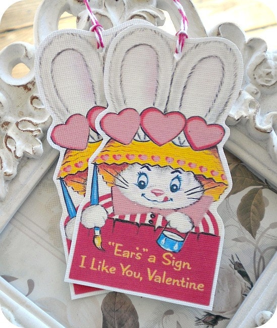 Vintage Ears a Sign Bunny Valentine Tags - Set of 4 - Vintage Inspired - Cottage Shabby Chic - Valentine's Day