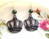 Crown Dangle Earrings. Antique Silver Tone. Green Pearls. Dangle Earrings. Silver Tone Hooks. Royal. Princess. Queen. 10 Dollars.