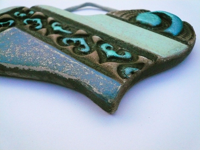 Handmade Ceramic Heart, Wall hanging, Steampunk, Mothers Day Gift, One of A Kind, Turquoise, Blue, Brown, Rustic
