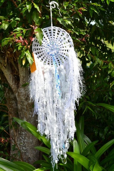 Dreamcatcher Wall Hanging - White Wedding - vintage doily and beads in web with yarn hanging down, beads and vintage crystal drop
