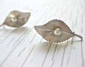 Vintage Earrings Silver Leaf with White Cultured Pearl Screw On Signed Krementz