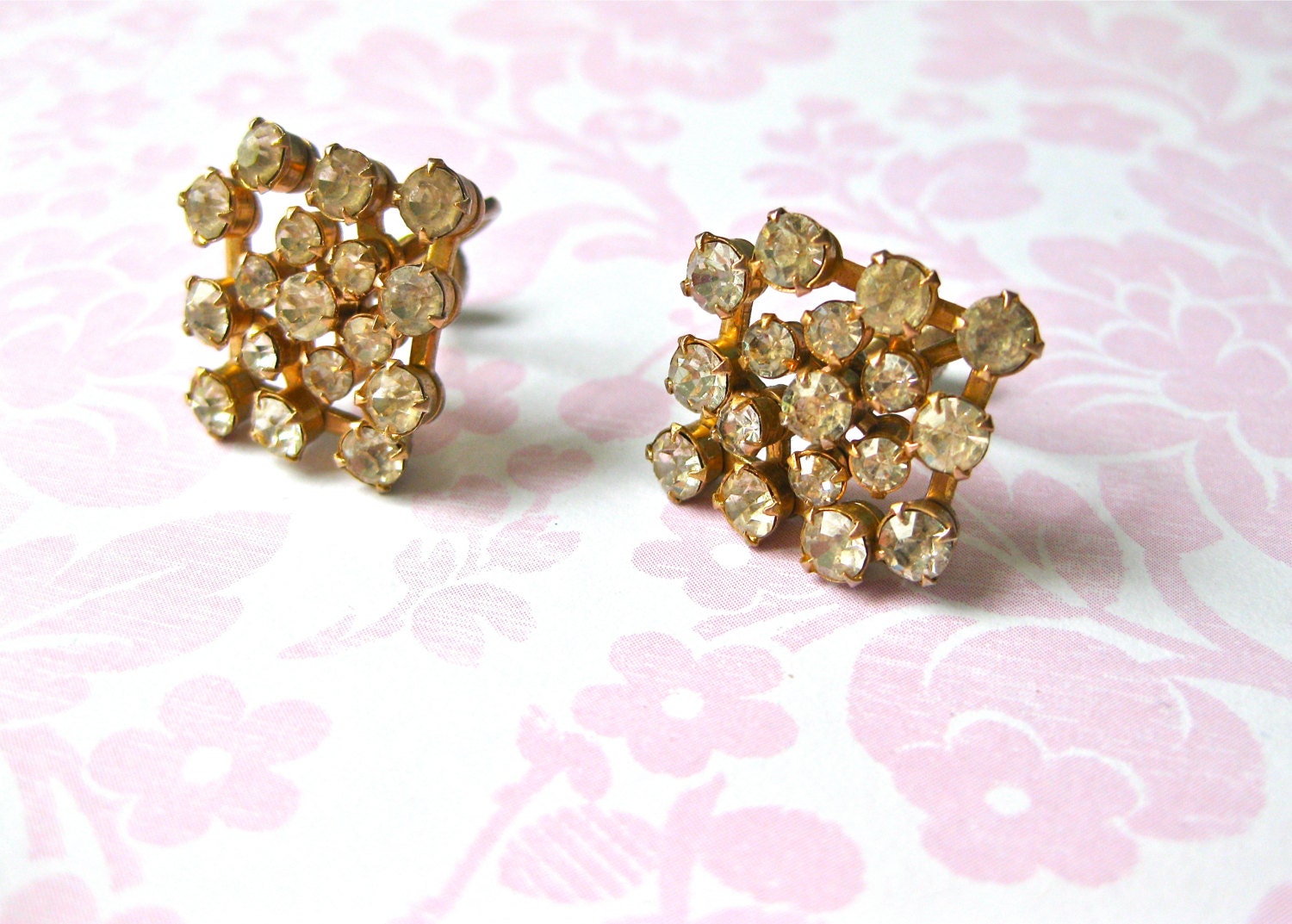 Vintage Earrings Clear Rhinestone with Gold tone Screw On Wedding Prong Set