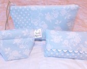 Powder Baby Blue and White Floral Zipper Pouch Set including Coin Purse and Tissue Holder