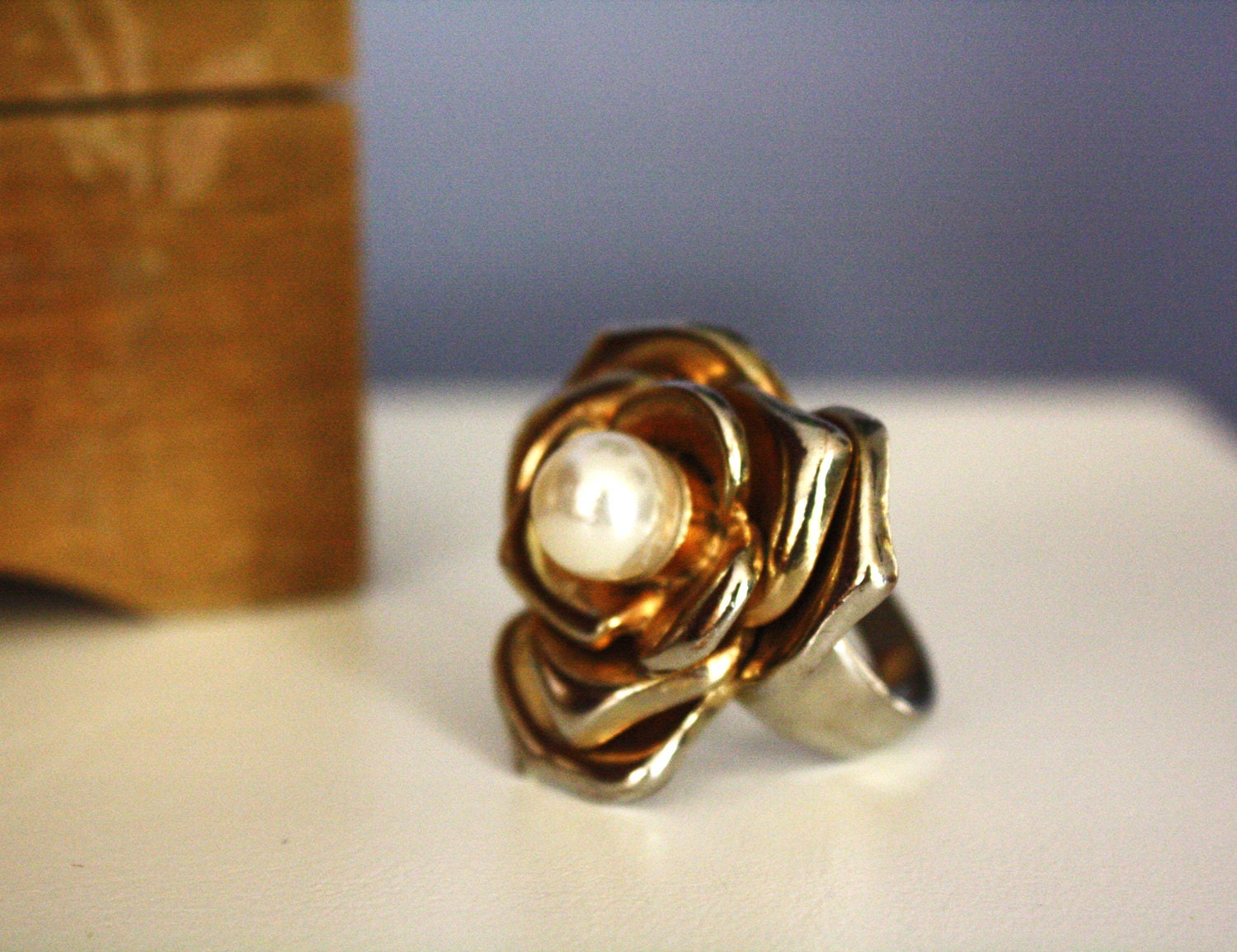 Vintage Metal Rose Cocktail Ring with Pearl Accent