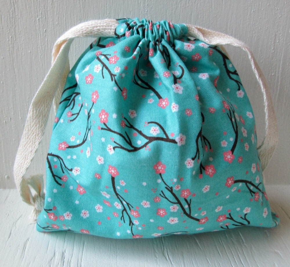 Blue Cherry Blossom Drawstring Bag, Reusable Gift Bag, Pouch, Makeup Case