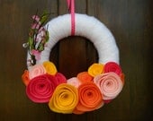 Spring Wreath - 14 inch Yarn Wrapped Wreath with Felt Flowers - Bright Spring Wreath with Pink, Yellow and Orange Felt Flowers - 14 Inch