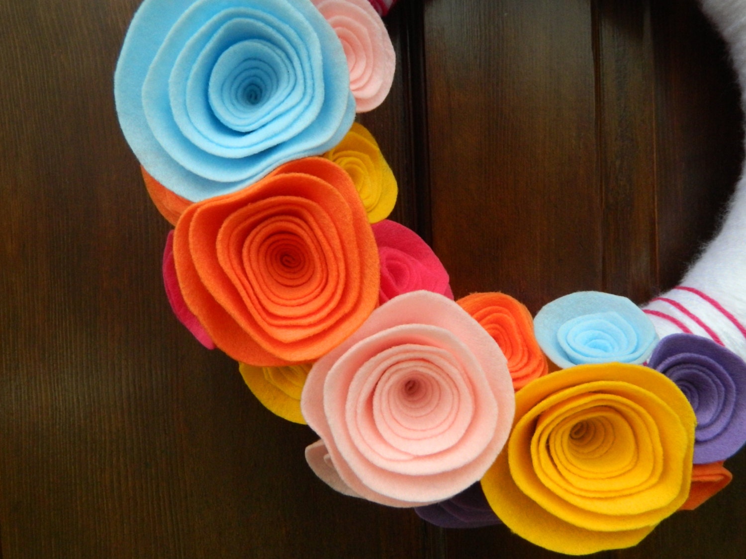 Spring Wreath - Yarn Wrapped Wreath - Bright Eco-Friendly Felt Flower Wreath - 12 Inch