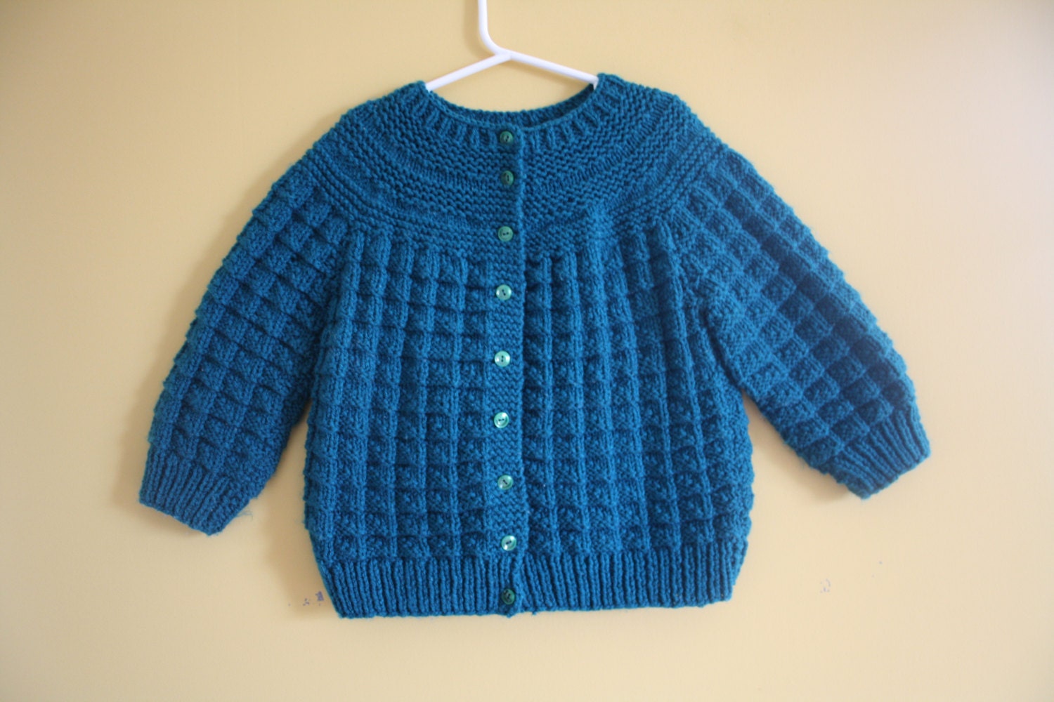 Vintage handknit cardigan sweater / dark turquoise / toddler girl size 4 to 6