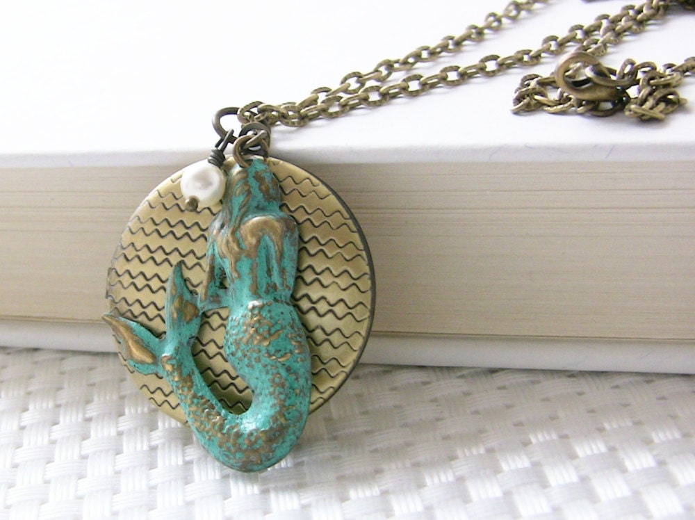 Mermaid Jewelry Locket Necklace / Unique Gift for Her / "La Sirène" / French Cottage Shabby Chic /Turquoise Aqua Blue / Brass Locket