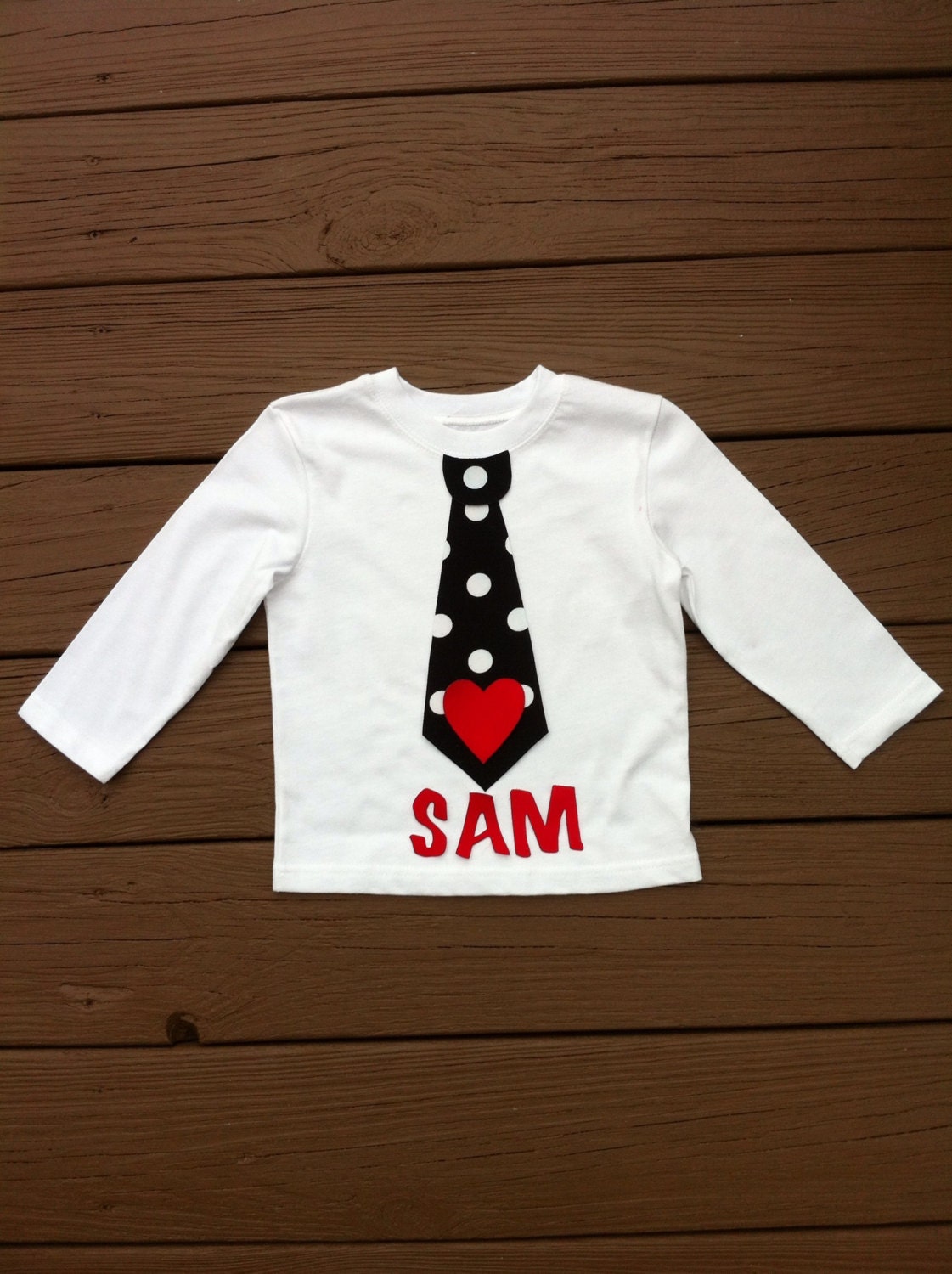 Custom boutique children's clothing. Boys personalized applique Valentine tie shirt. Black white polka dot. Red heart. By EverythingSorella