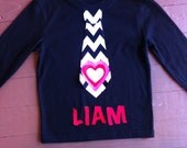 Custom children's clothing. Boys personalized Valentine tie shirt with name.  Black white chevron. Red pink heart. By EverythingSorella