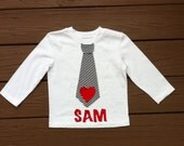 Custom children's clothing. Boys personalized Valentine tie shirt with name. Black white stripe. Red or pink heart. By EverythingSorella