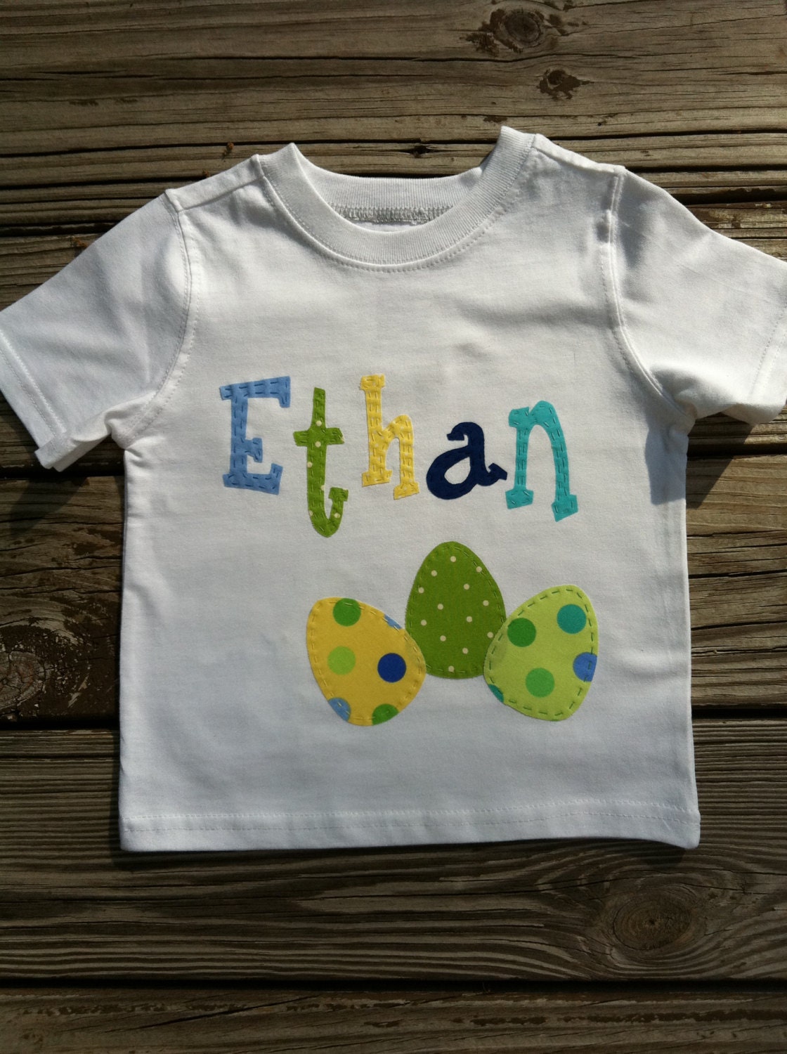 Personalized boys Easter Egg shirt. Blue green yellow polka dot. Front & back applique. Custom children's clothing by EverythingSorella