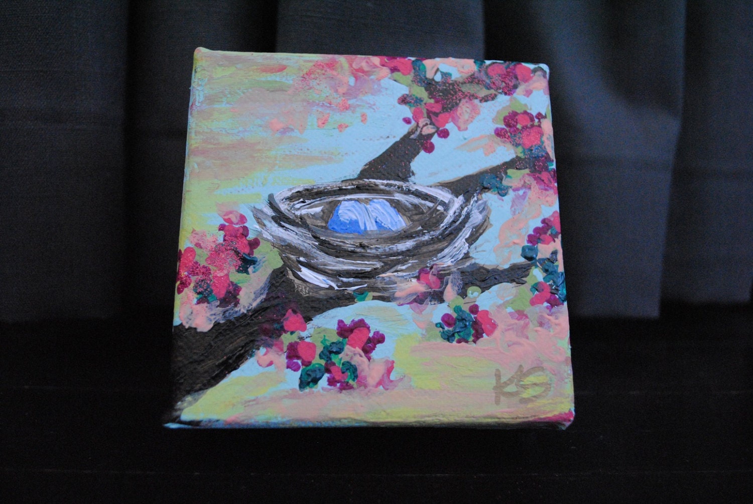 Birds Nest Mini Painting original acrylic painting on canvas 4x4