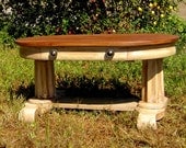 Vintage Coffee Table - Oval Top Trestle Base Painted Cream with Antique finish Natural Wood Top