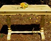 VINTAGE PAINTED TABLE - Or desk Painted Yellow and Green Distressed Depression Era Bulb Legs Trestle Table