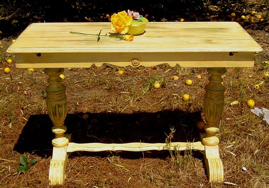 VINTAGE PAINTED TABLE - Or desk Painted Yellow and Green Distressed Depression Era Bulb Legs Trestle Table