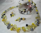 Crocheted Wire Necklace Set in Yellow and Grey, handmade beaded wire crochet necklace