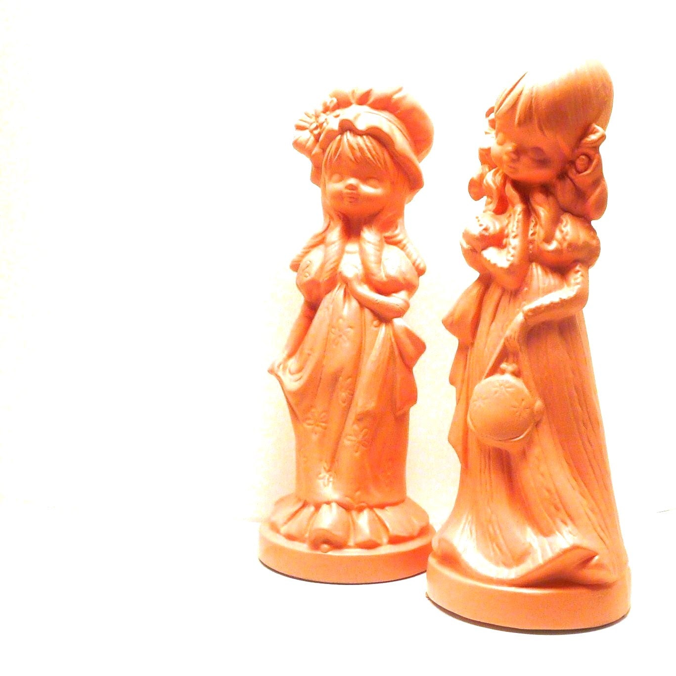 ceramic figurines, shabby chic, spring home decor, coral pink, peach, figurine set, girls room, kitsch, holly hobby, upcycled